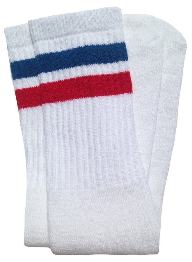 SKATERSOCKS جوارب بيضاء متوسطة الطول، مصنوعة في أمريكا، بنمط مخطط باللونين الأزرق الملكي والأحمر، مناسبة للنساء والرجال وجميع الأفراد. - Image 1